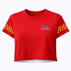Vans Off The Wall Red Cropped T-Shirt Checkerboard Sleeves Size S